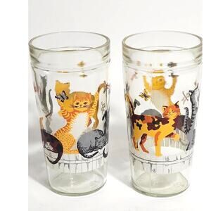 2 Vintage Anchor Hocking "Cats & Butterflies on Fence" Glasses 1980s